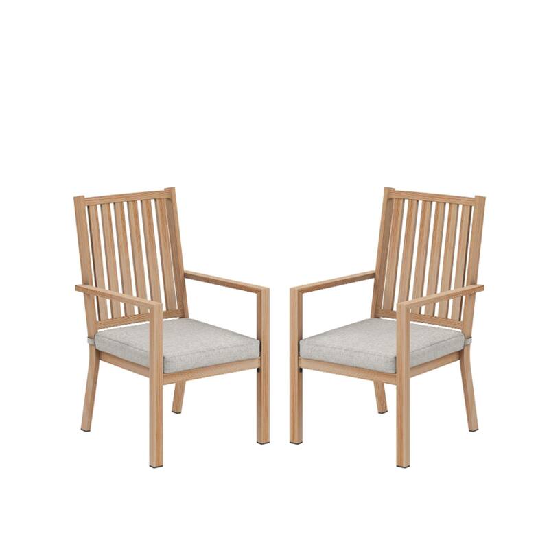 Set of 2 23" Aluminum Patio Dining Chairs Gray Cushions and Light Wood Khaki Frame