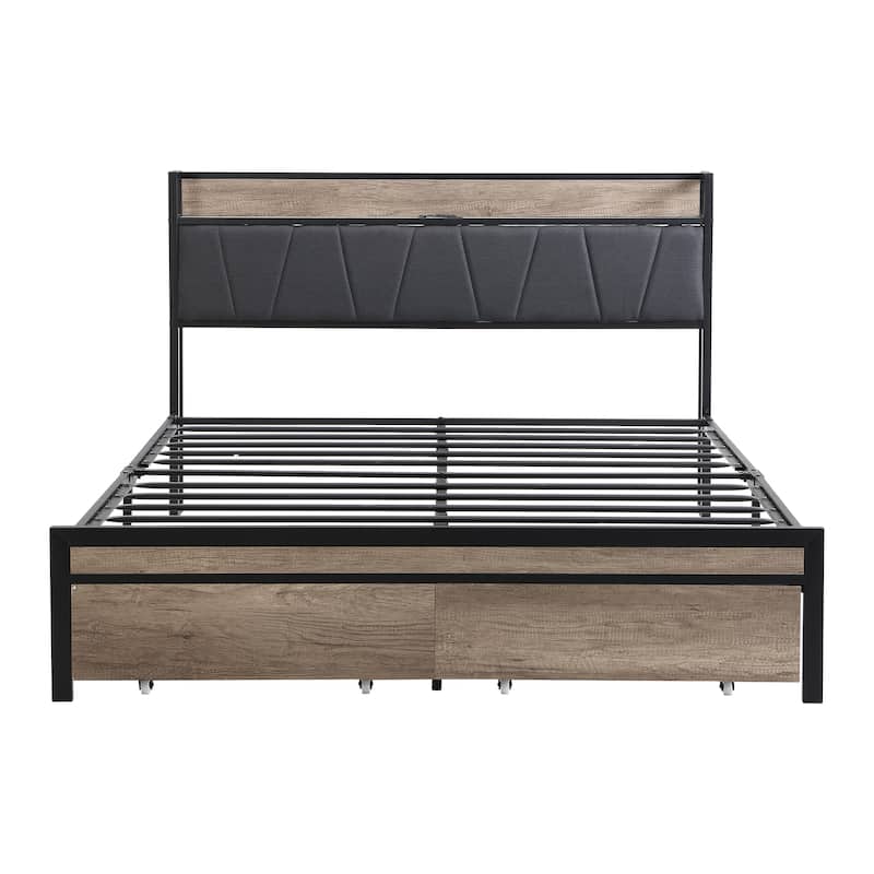 Full Size Metal Platform Bed Frame with Upholstered Headboard, Footboard Drawers & USB Ports, No Box Spring Needed