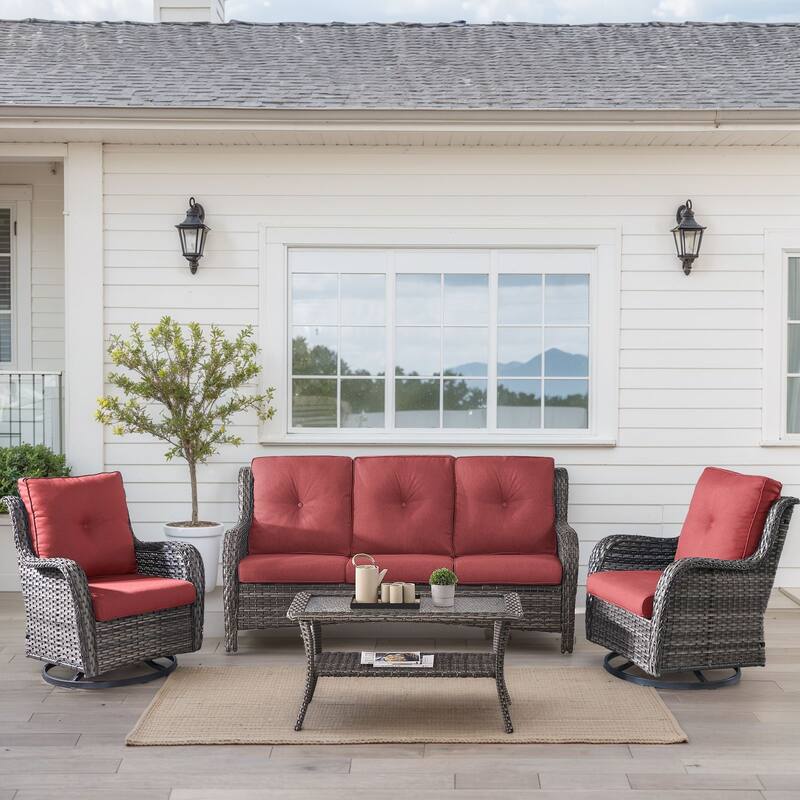 Outdoor Swivel Chairs with Sofa Coffee Table - Grey - Red