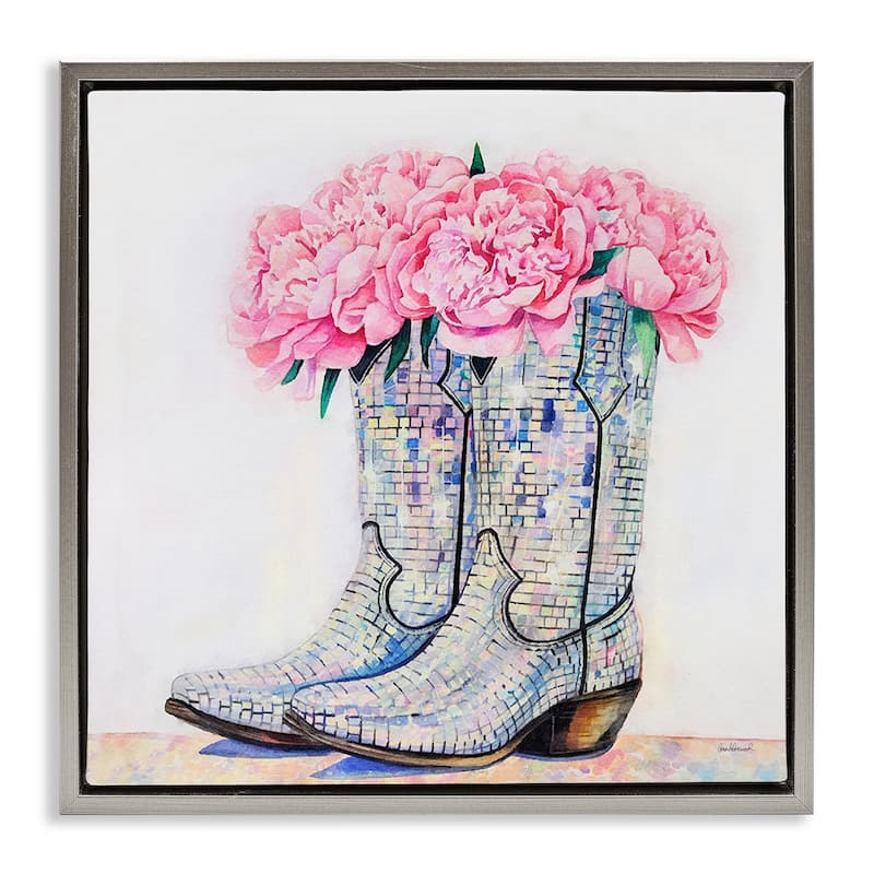 Stupell Floral Shimmering Cowgirl Boot Framed Floater Canvas Wall Art Design By Amanda Greenwood - 25 x 25 - Grey