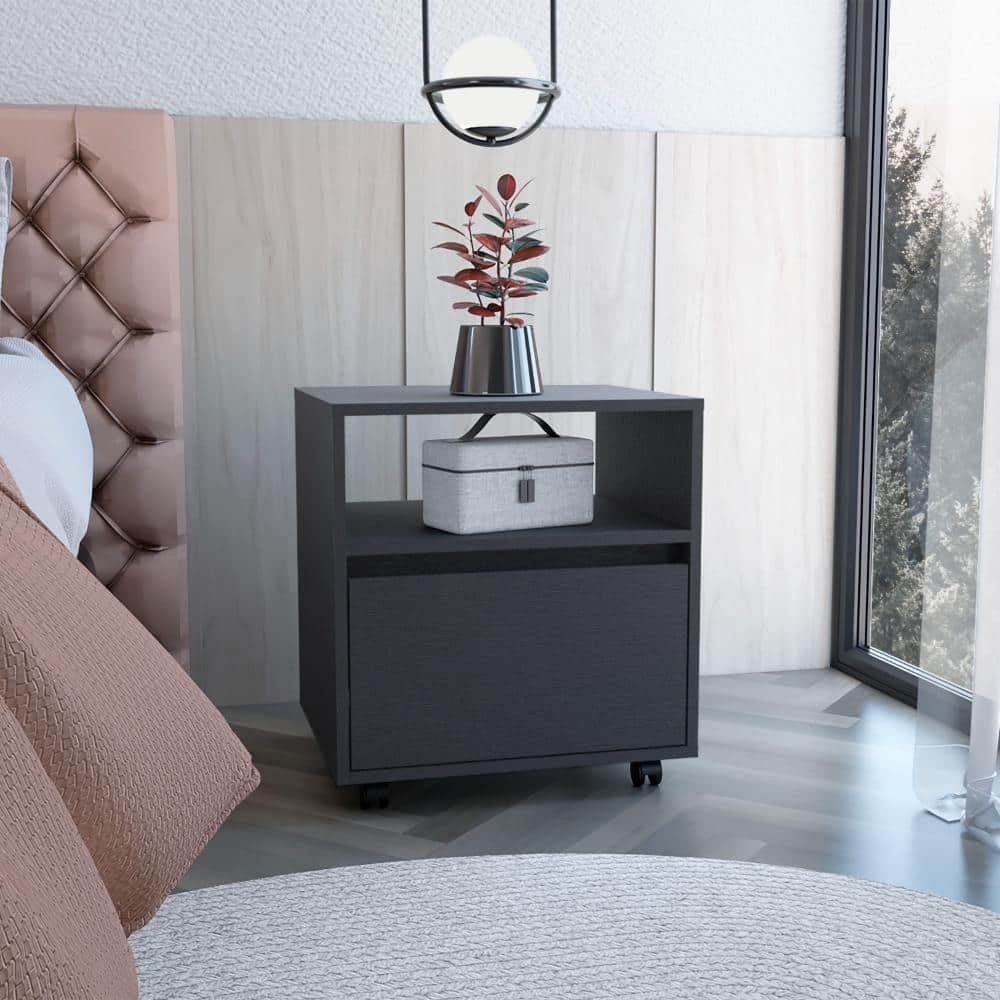 Black Nightstand with Single Drawer, Casters, and Space-Saving Design