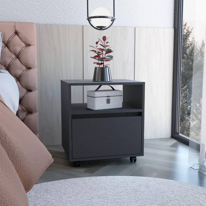 Modern Black Nightstand with Drawer and Casters, Space-Saving End Table for Bedroom or Living Room - Wenge