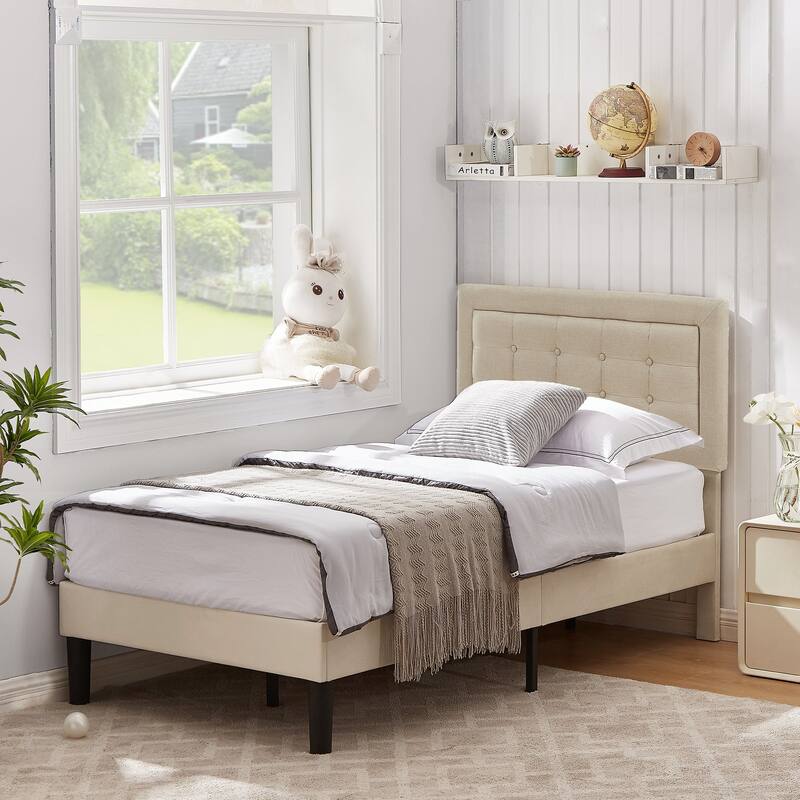 VECELO Tufted Upholstered Kids Bed with Adjustable Headboard,Twin Size Bed Set of 2