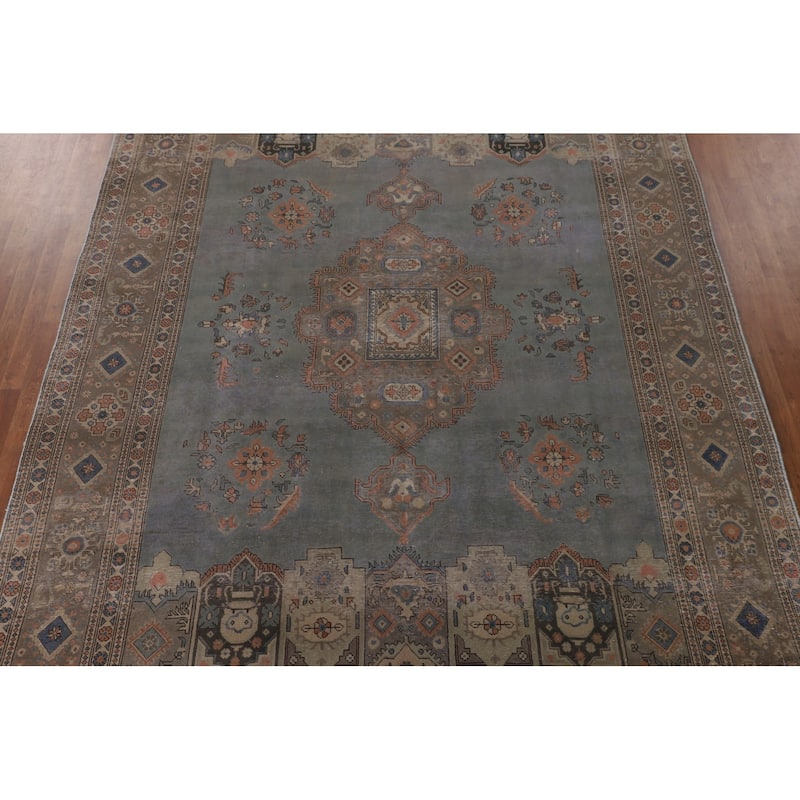 Over-Dyed Tabriz Persian Vintage Rug Hand-Knotted Blue Wool Carpet - 9'4"x 12'10"