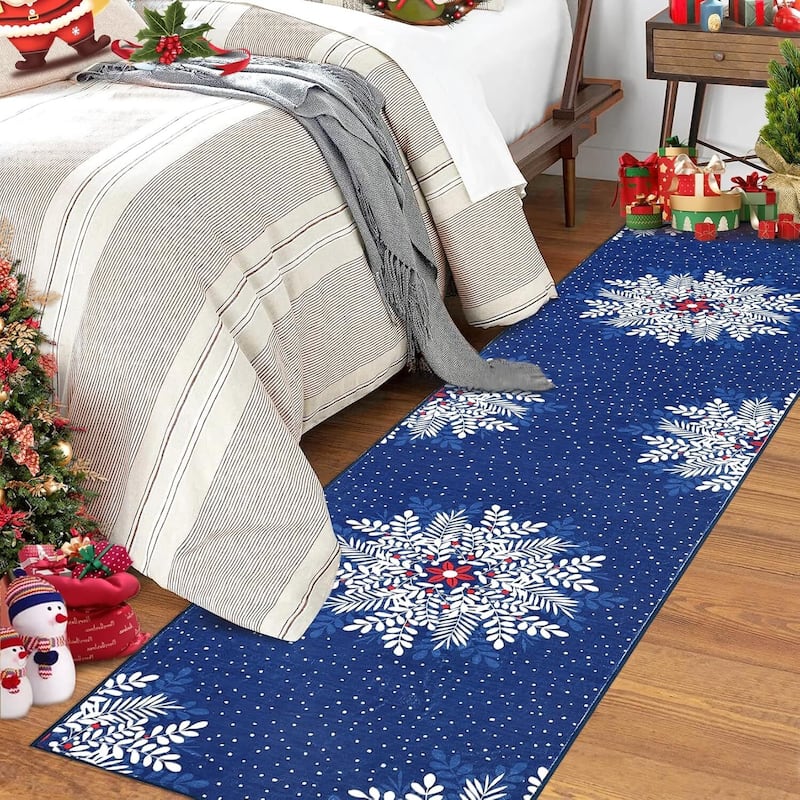 Christmas Snowflake Washable Area Rug, Floor Carpet for Holiday Decor, Blue - 2*10ft