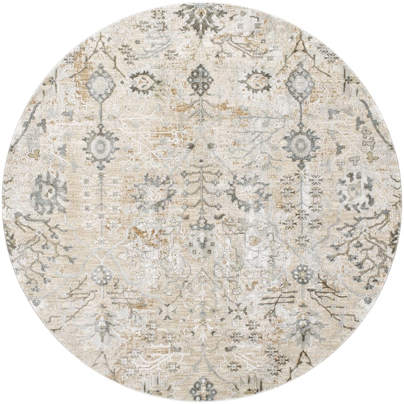 Brain Transitional Floral Area Rug - 6'7" x 6'7" Round - Khaki