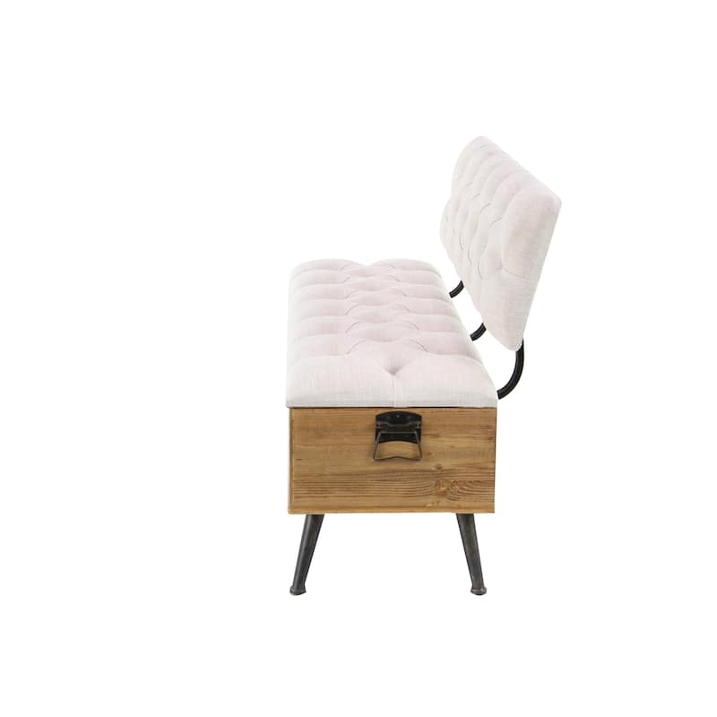 White Fabric Storage Bench with Cream Tufted Seat and Back