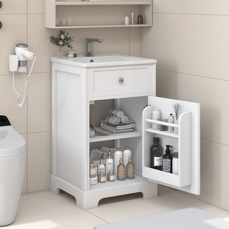 20" Compact Bathroom Vanity with Sink, Cabinet with Soft-Close Door and Side Rack, Storage Vanity with Adjustable Shelf - White