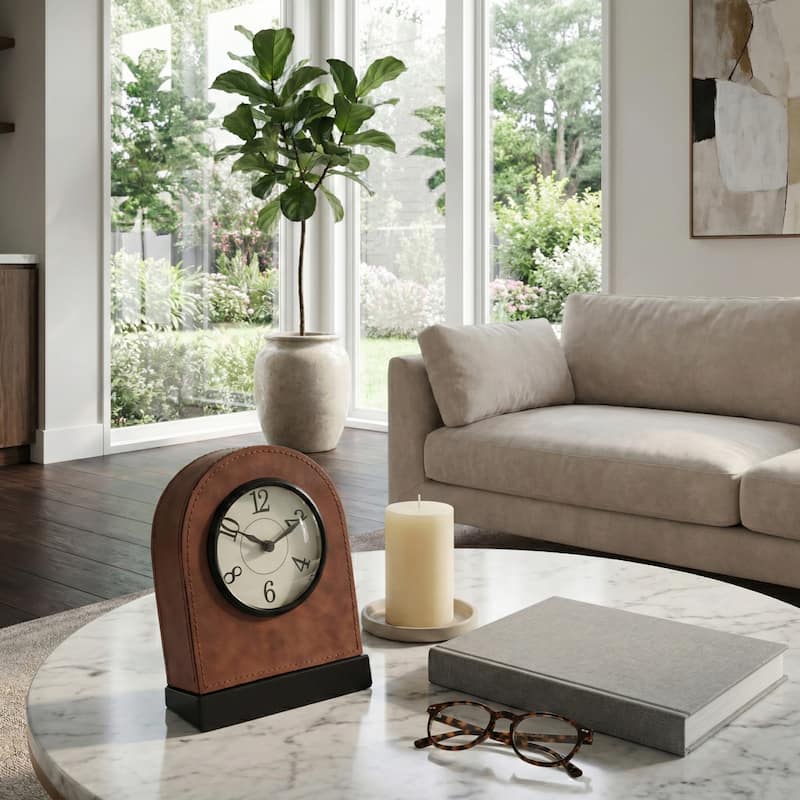 Decorative Faux Leather Tabletop Clock - 9", Brown & White - 8.25"