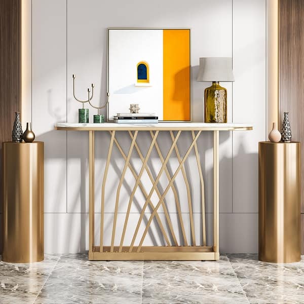 Modern Wood Narrow Console Table Gold Metal Legs White Faux Marble 54