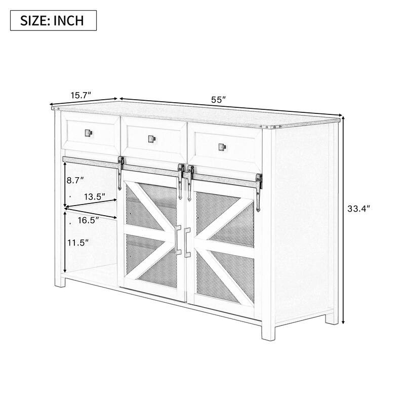 Roomfitters 55" Sideboard Buffet Cabinet with 3 Drawers and Sliding Barn Doors, Farmhouse Storage for Kitchen & Dining