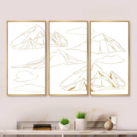 Designart "Minimalistic Gold Linear Set Of Mountains & Clouds" Modern Framed Art Prints Set of 3 - 4 Colors of Frames