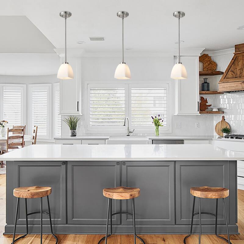 1-Light Brushed Nickel Mini Pendant with Pyramid Shaped Etched White Glass Shade