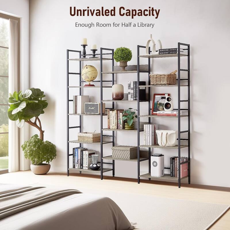 5 Tier Bookshelf Triple Wide Industrial Bookshelves and Bookcases, Large Open Display Shelf