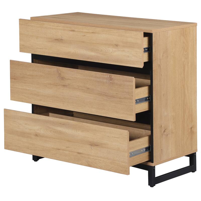 WAMPAT Nightstand with 3 Drawers for Bedroom, Modern Bedside Table with Black Square Iron Leg, Wood Rustic Side Table