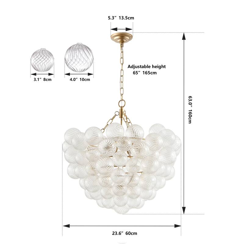 Modern Light Chandelier with Threaded Clear Glass Globe Shade Adjustable Height, for Living Room Dining Room, Kitchen