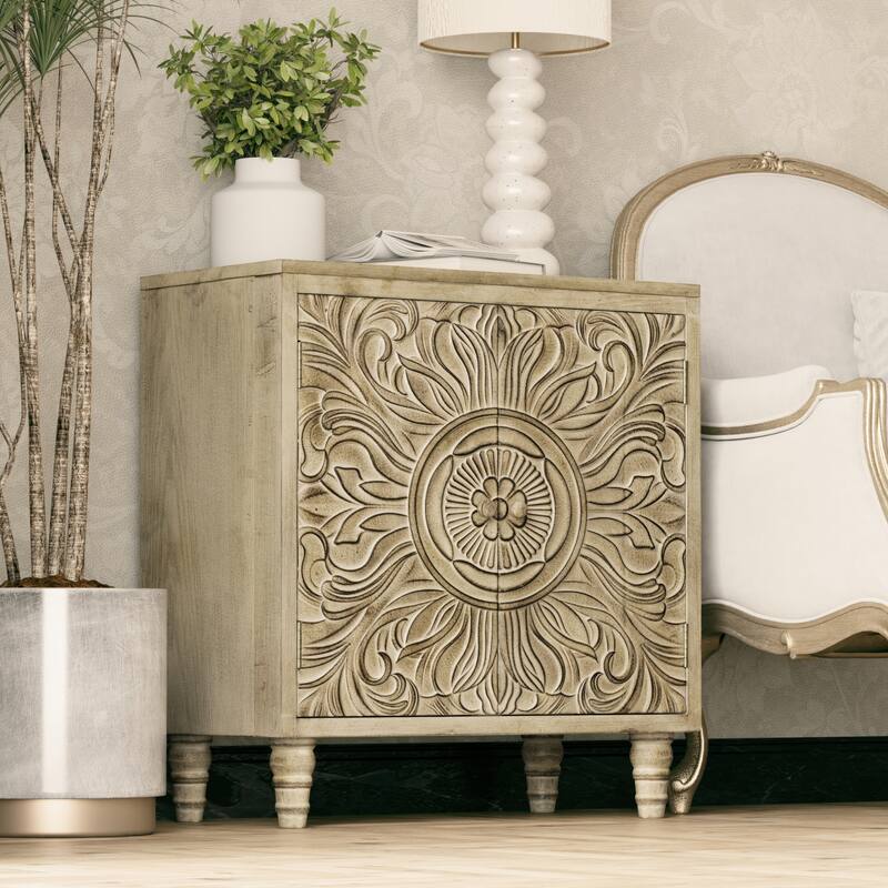 COZAYH Farmhouse Storage Cabinet with Craft Flower Motif Front, Distressed Boho Buffet Cabinet, French Country, Weathered White