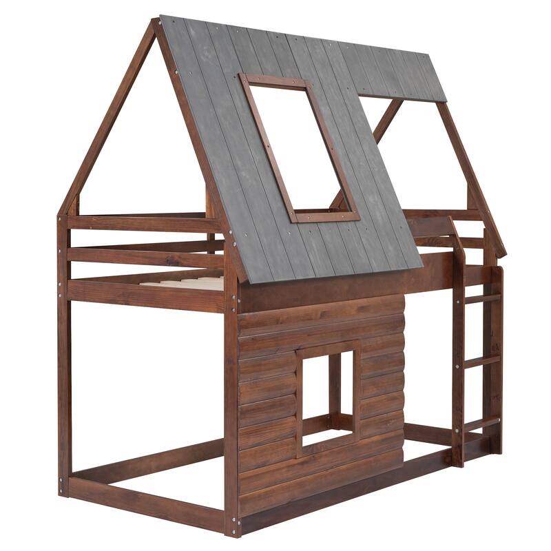 Wood House Bunk Bed with Roof