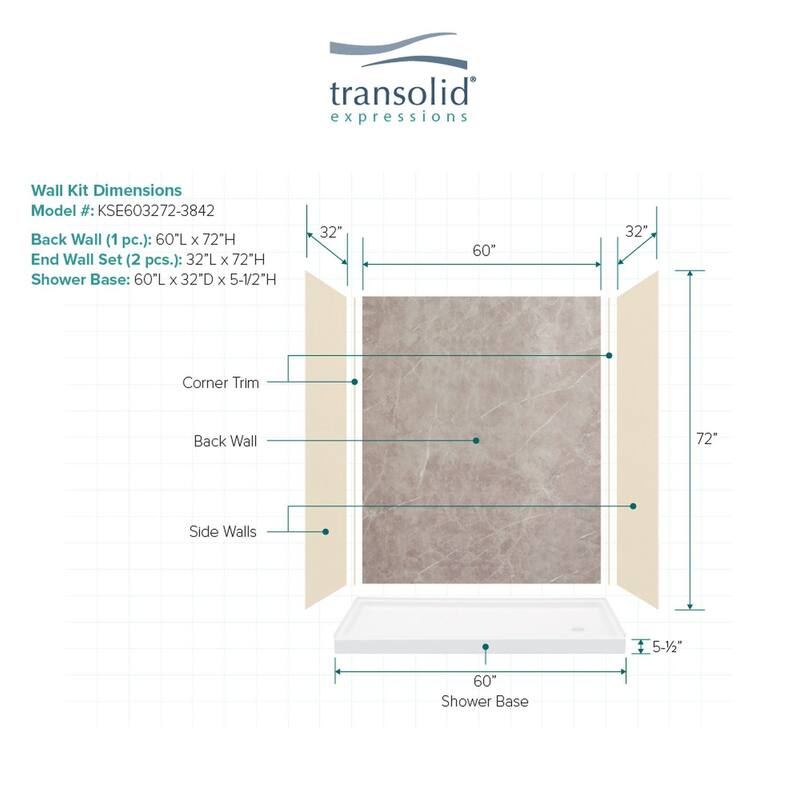 Transolid Expressions 60-in X 32-in X 72-in Glue to Wall Shower Kit - 32" x 60" x 72"