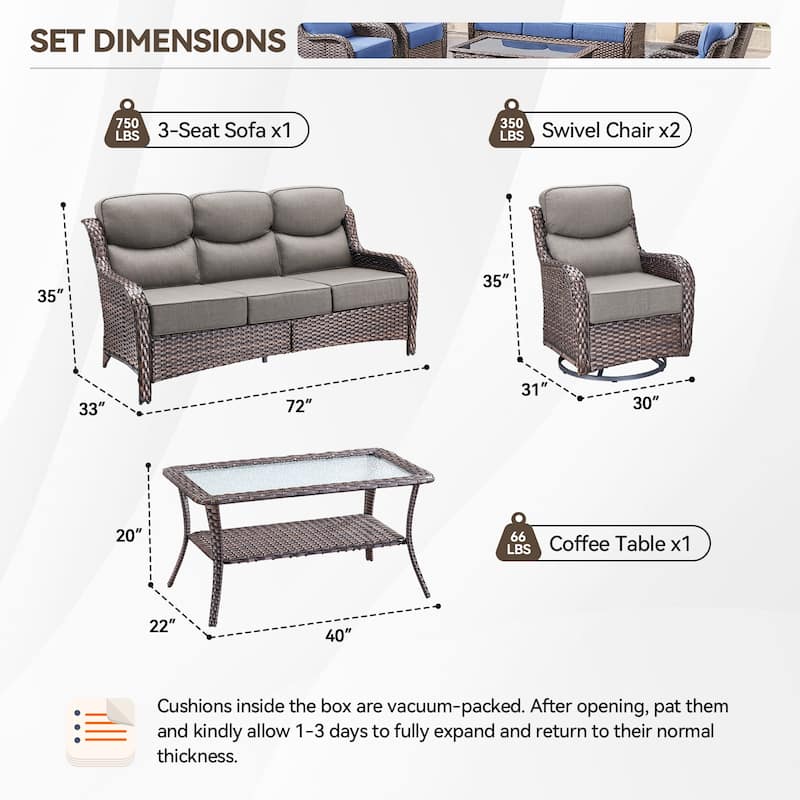 Outdoor Patio Sofa Swivel Chair with 6-Inch Thick Cushions Set