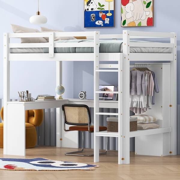 slide 2 of 11, White Twin Size Solid Wood Loft Bed with L-shaped Desk and Storage Shelves Twin - White