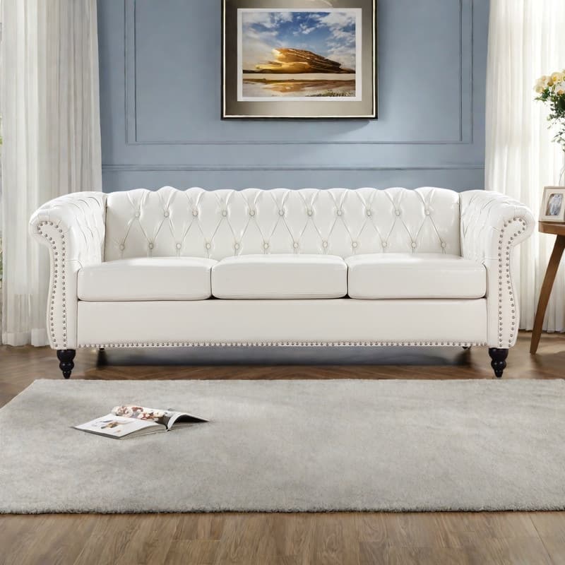 84.65" PU Leather Chesterfield Sofa with Rolled Arms (3-Seater) - White
