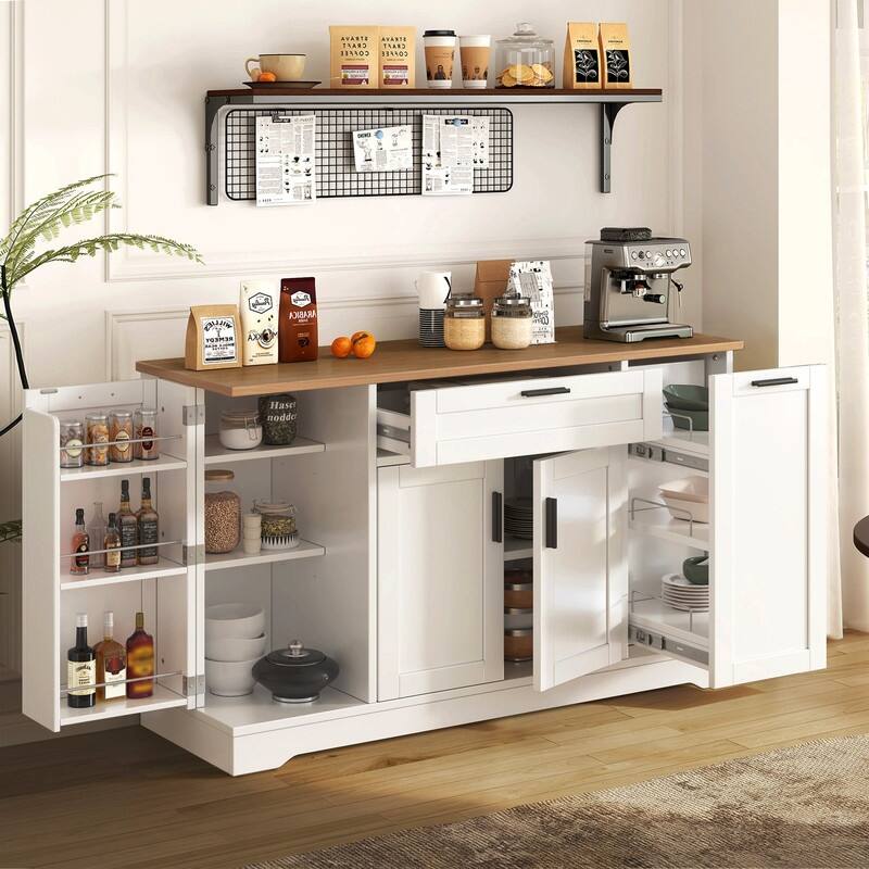 53.7" Kitchen Island Storage with 3-Tier Pull-Out Rack and Adjustable Shelves for Kitchen, Dining Room