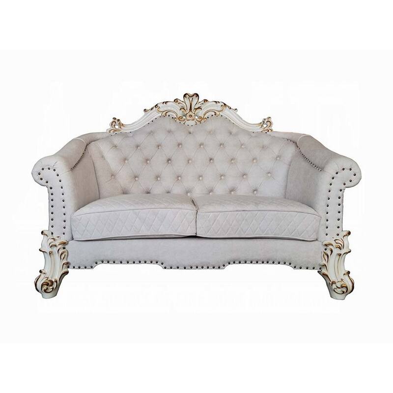 Antoine Loveseat, 4 Pillows, Ivory Fabric Antique Pearl Wood, 66 Inch