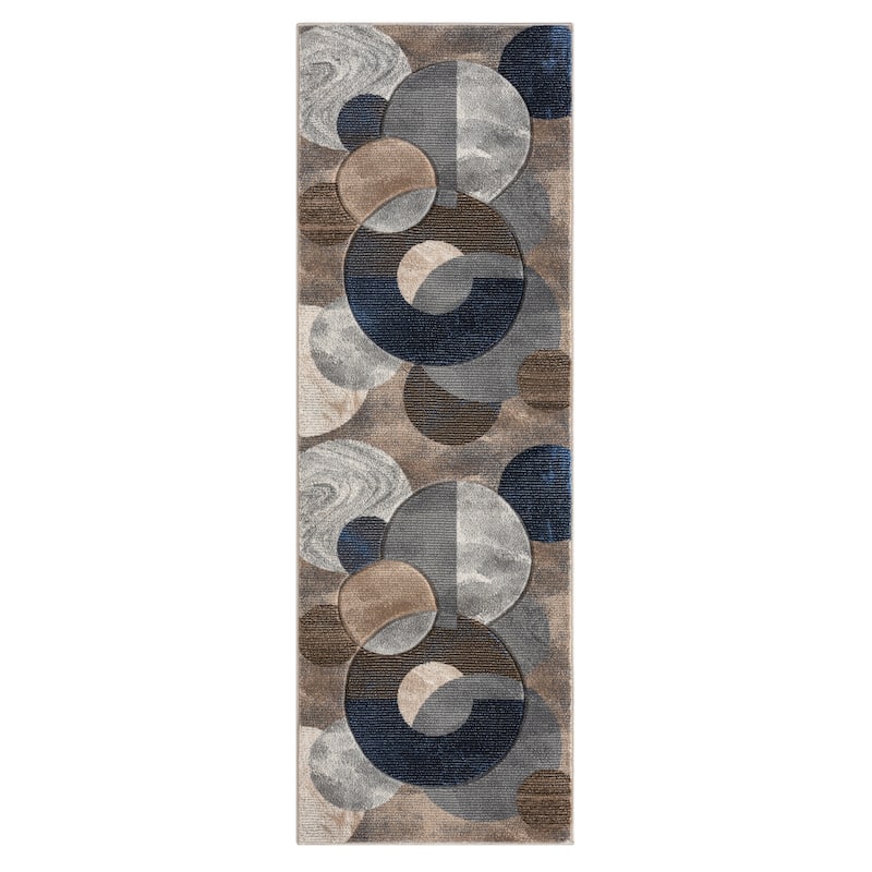 Alexia Collection Modern Circle Design Area Rug - 2'8'' x 7'10'' - Beige/Blue