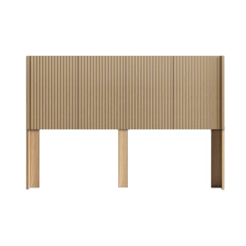 King Size Natural Oak Wood Headboard with Fluted Panel Wingback Design, 80.2 Inches Wide