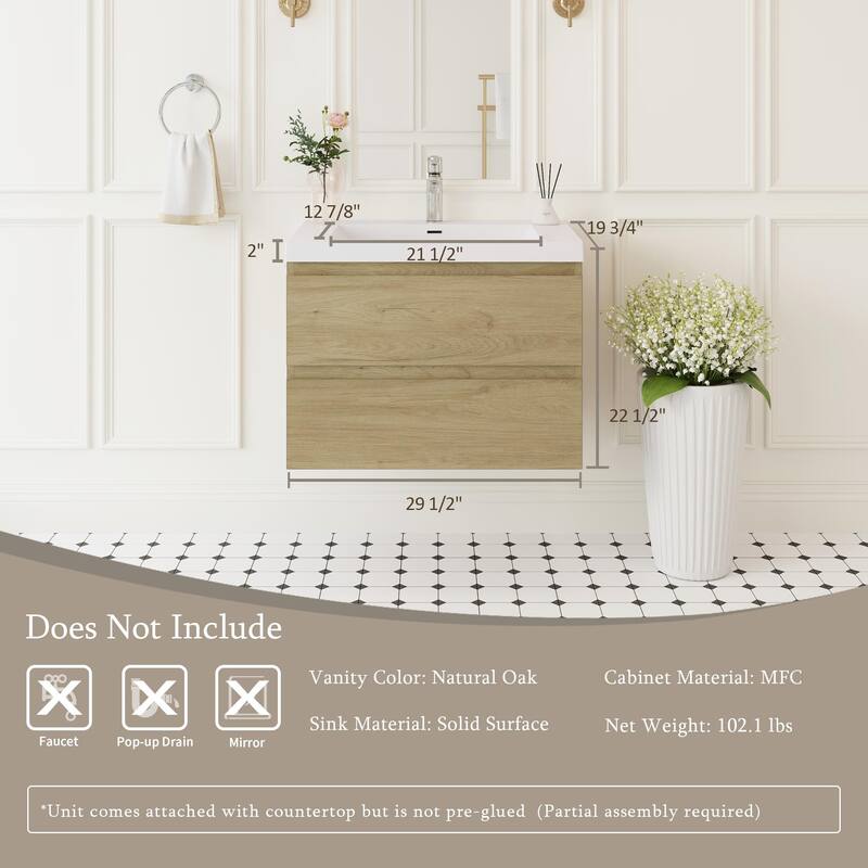 Modern Wall-Mounted Bathroom Vanity with White Solid Surface Top