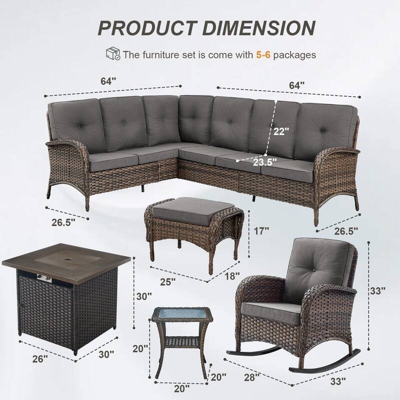 Gymojoy L-Shaped Outdoor Sectional Sofa Set with Fire Pit, Rocking Chairs & Ottomans