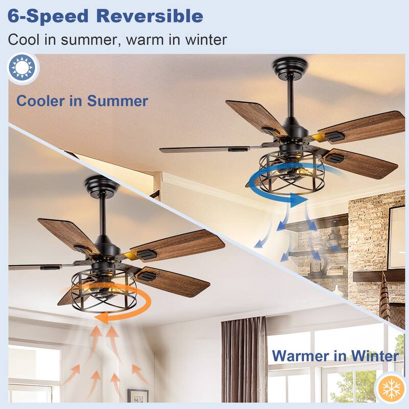 42-52Inch Caged Ceiling Fans with Lights: Dual Finish 5 Blades - Rustic with Remote Control (E26 Bulb Included)