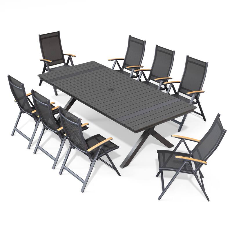 9/11PC Outdoor Patio Dining Set With Aluminum X-Frame Table Umbrella Hole Table Folding Chairs
