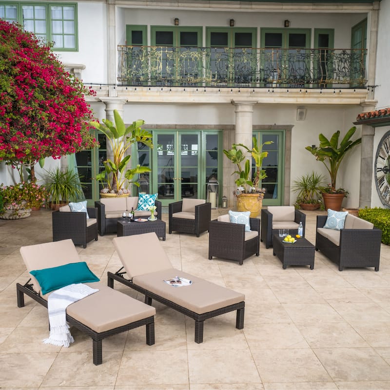 Puerta Outdoor 10-piece Wicker Patio Set with Cushions by Christopher Knight Home - Beige + Dark Brown