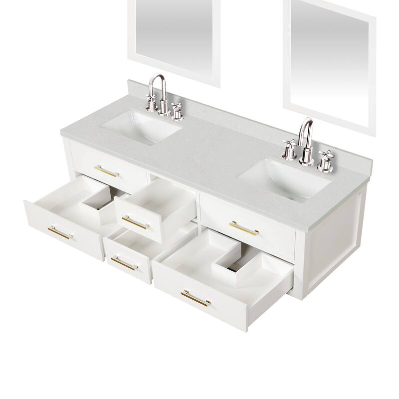Castor 60 in W x 22 in D Black Double Bath Vanity, White Quartz Top, Faucet Set, and 28 in Mirrors