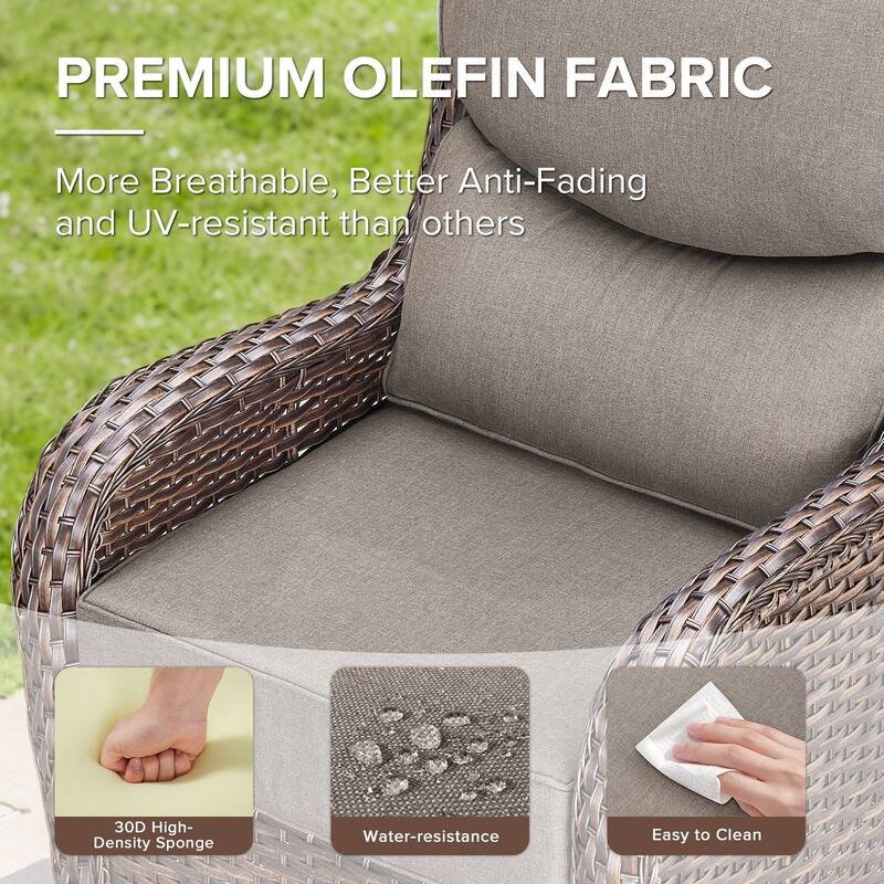 Gymojoy 9-Piece Wicker Patio Furniture Sofa Set with Fire Pit Table, 6-Inch Thick Cushion Swivel Glider Chairs & Ottomans