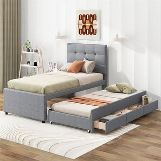 Merax Upholstered Platform Bed with Pull-out Twin Size Trundle and 3 ...