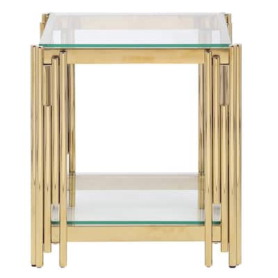 Woker Furniture 20" Wide Square End Table with Glass Top, Golden Stainless Steel Tempered Glass Coffee Table
