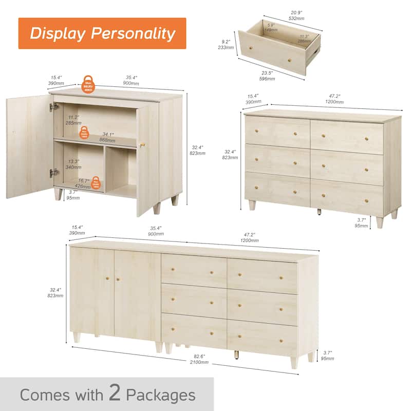 Wood Dresser with 6 Drawers and 1 Cabinet for Bedroom, 83" Wide