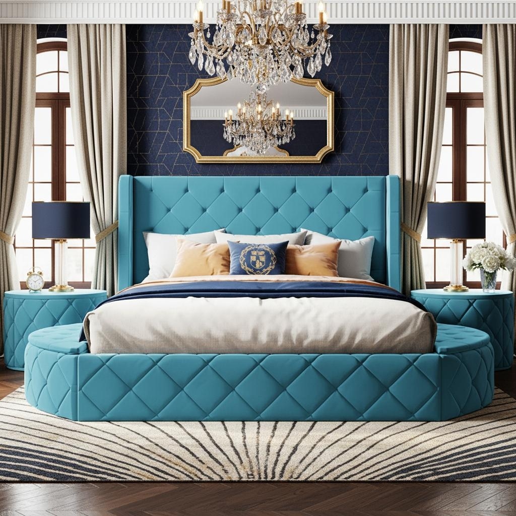 Queen Size Velvet Upholstered Platform Bed with Wingback Headboard, Tufted Design & Hidden Storage Solutions