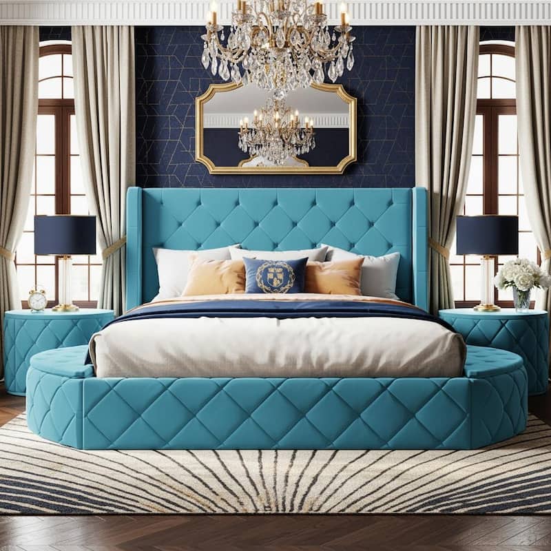 Queen Size Velvet Upholstered Platform Bed with Wingback Headboard, Tufted Design & Hidden Storage Solutions - Blue