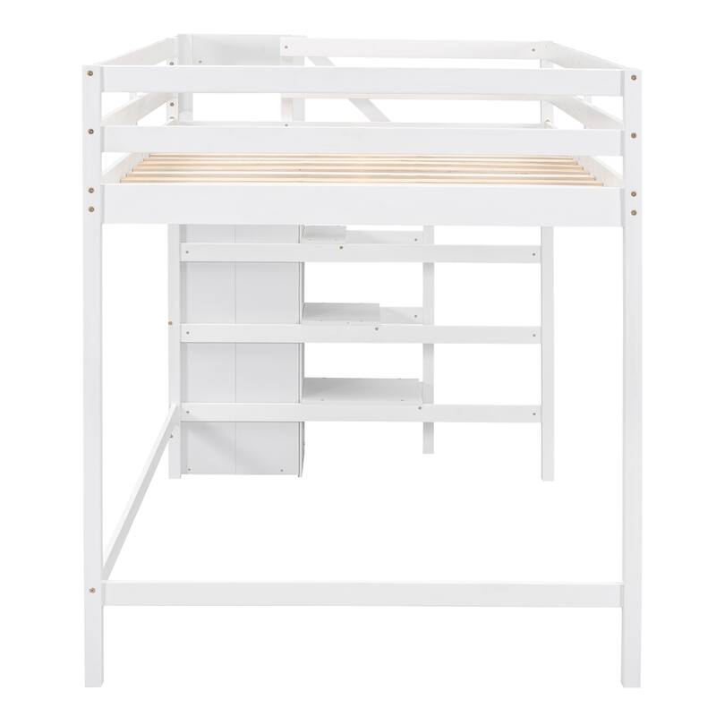 White Full Size Loft Bed with Storage Wardrobe & Staircase, Space-Saving Design