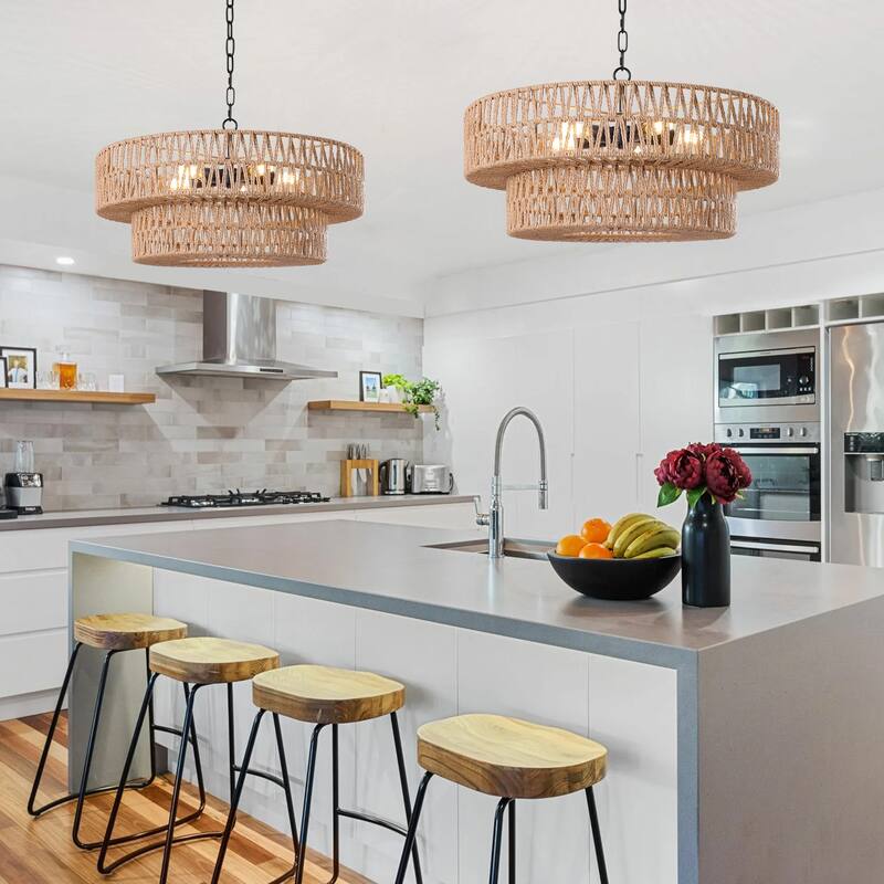 21.65" Rattan Drum Chandelier 2-Tier Boho Hand Woven Pendant Light - Large