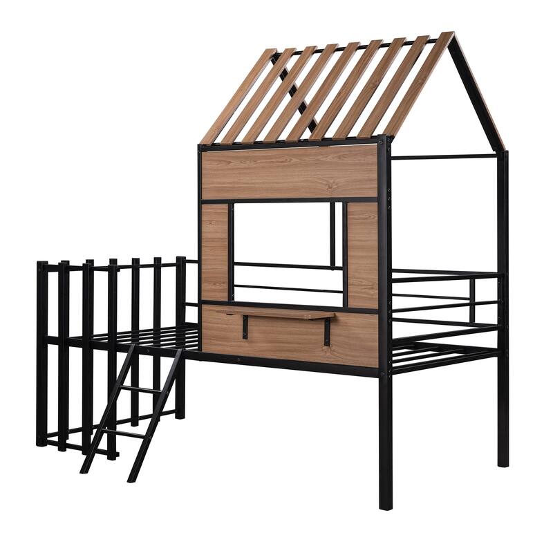 House-Shaped Metal Loft Bed with Roof, Window, Guardrail, and Ladder