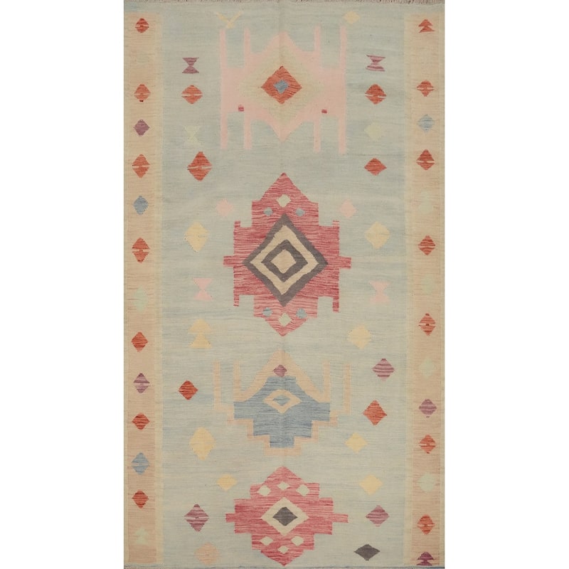 Hand Woven Oriental 100% Wool Carpet Southwestern Tribal Navy Blue & Blues Kilim Area Rug - 9' 0'' X 5' 5''