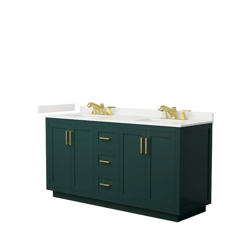 Miranda 66-inch Double Vanity, Quartz Top - Green, Gold Trim, White Quartz Top