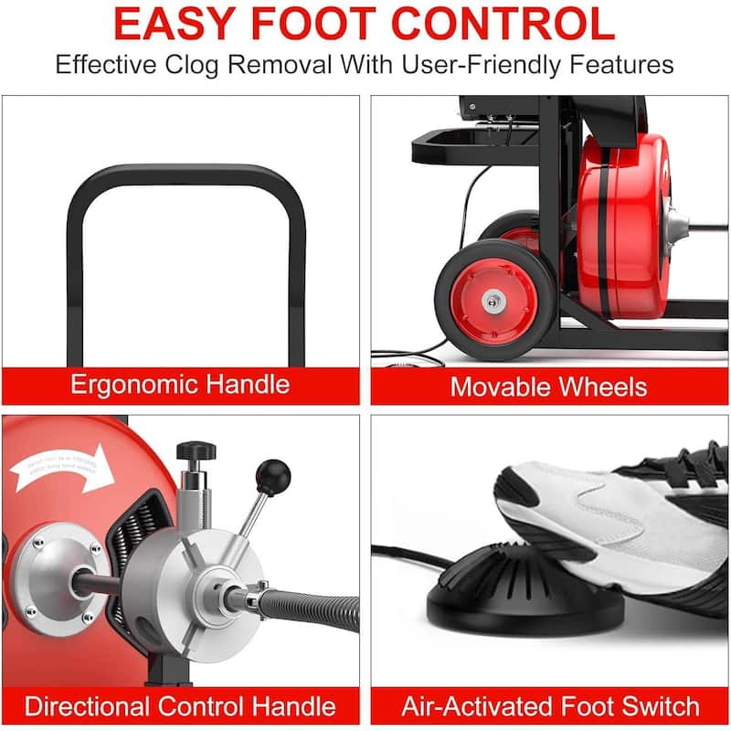 50FT 1/2 Inch Portable Electric Drain Auger, Drain Cleaning Machine