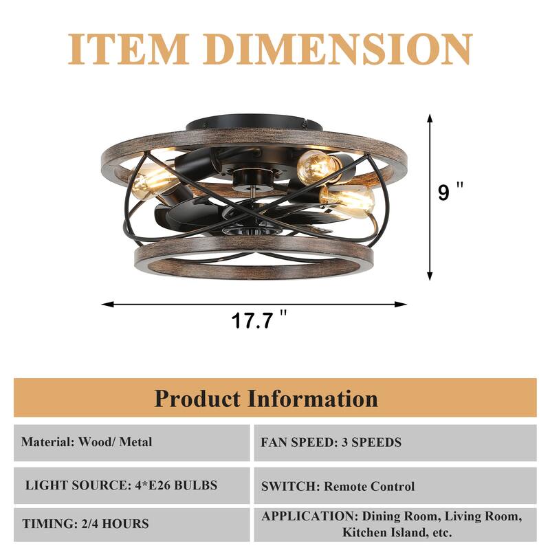 Cusp Barn 18 Inch Farmhouse Wood Ceiling Fan, Rustic 4-Light Flush Mount Low Profile Lighting Fixture for Living Room, Bedroom