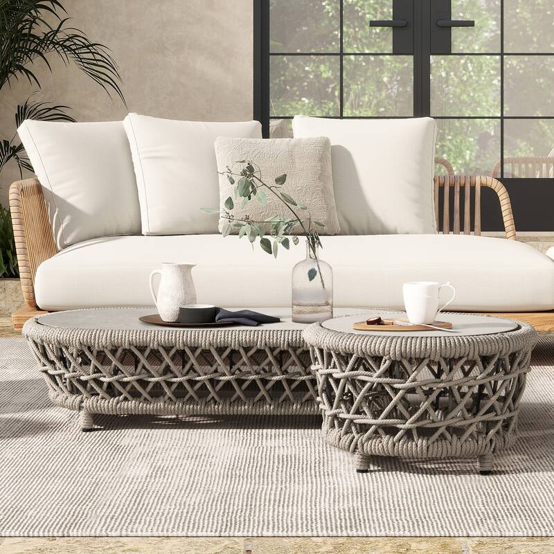 Everly 43.5" Oval Woven Patio Coffee Table, Light Beige Olefin Rope